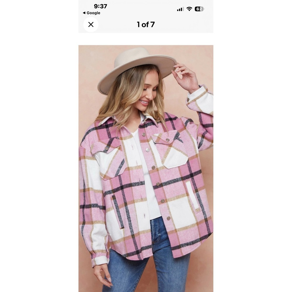 Veveret Pink Plaid Shacket Womens 3XL Oversized Flannel Button Up Jacket Shirt